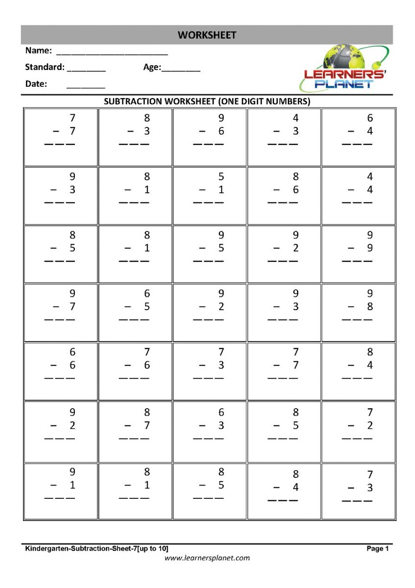Free printable subtraction worksheets for kindergarten
